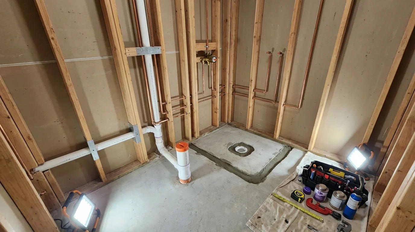 Bathroom rough-in plumbing during remodel by Johns Plumbing LLC in Clare