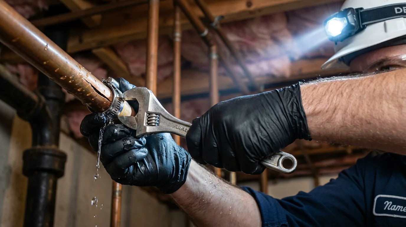 Emergency pipe clamp repair being performed by a Johns Plumbing LLC plumber in Clare
