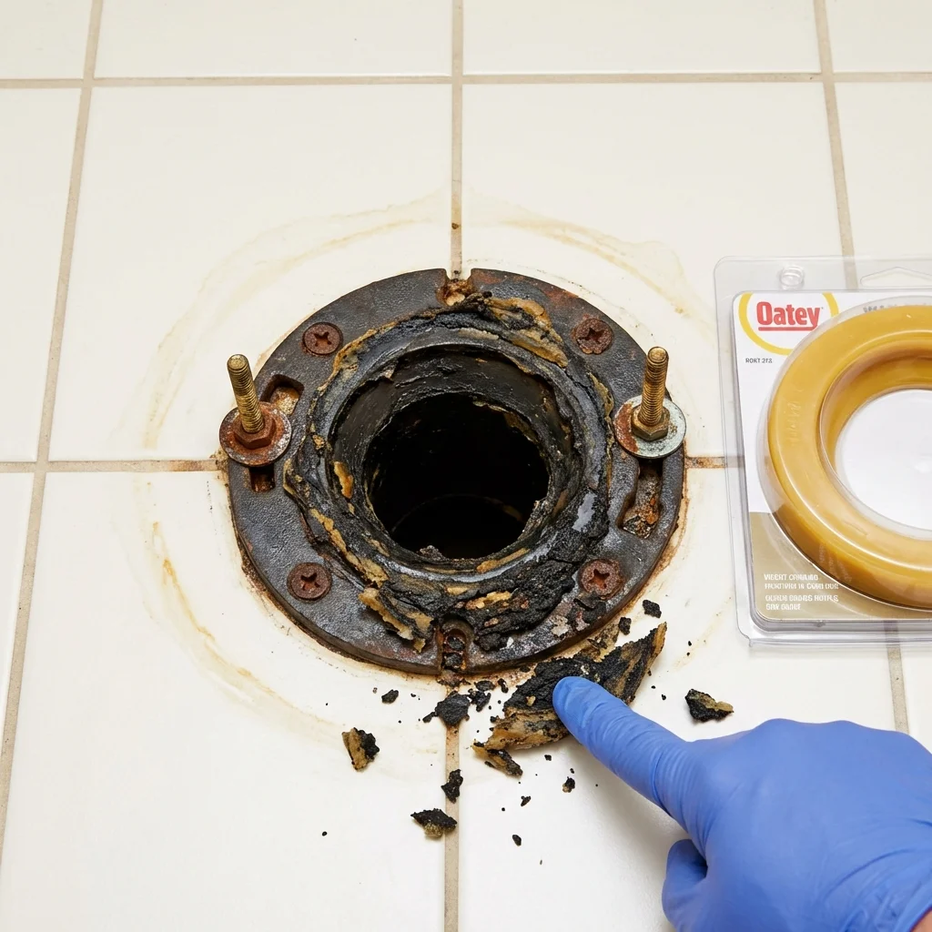 Failed wax ring showing water seepage at the base of a toilet in a Clare, MI home